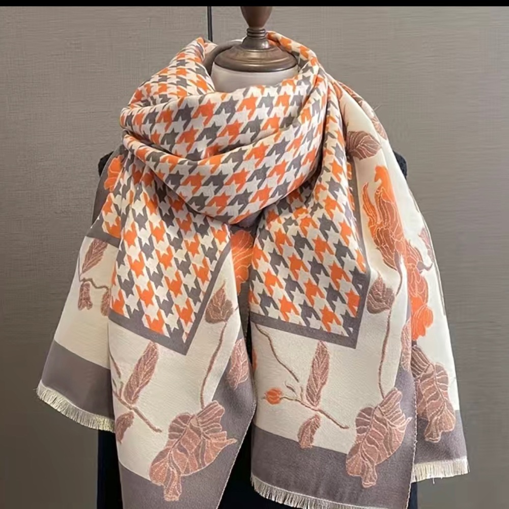 Elegant Orange & Gray Floral Houndstooth Scarf Wrap
